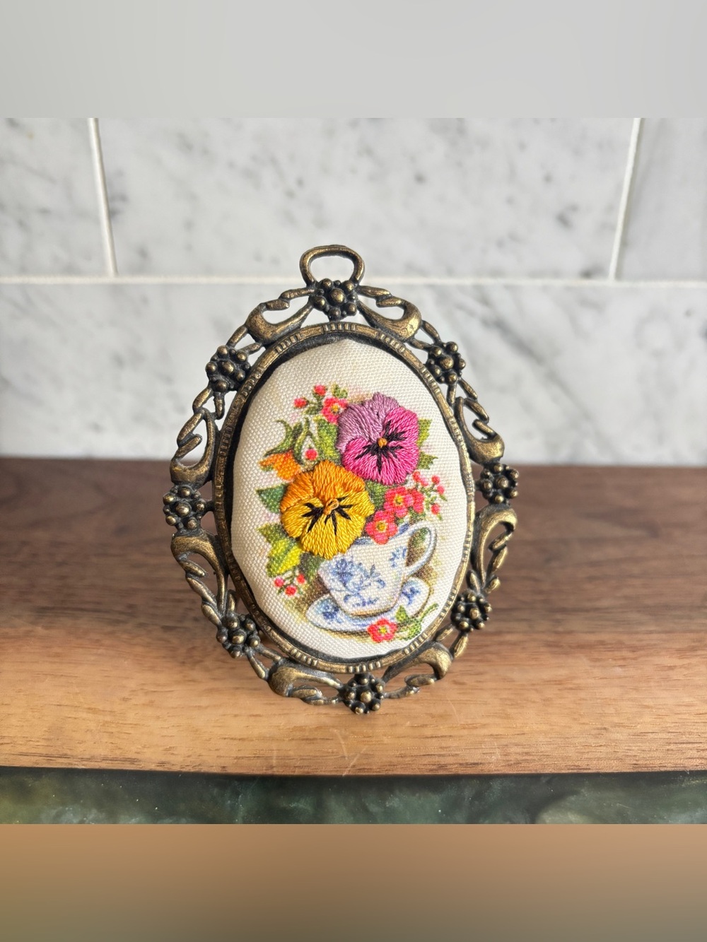 Vintage Framed Creative Circles Floral Crewel Embroidery Art